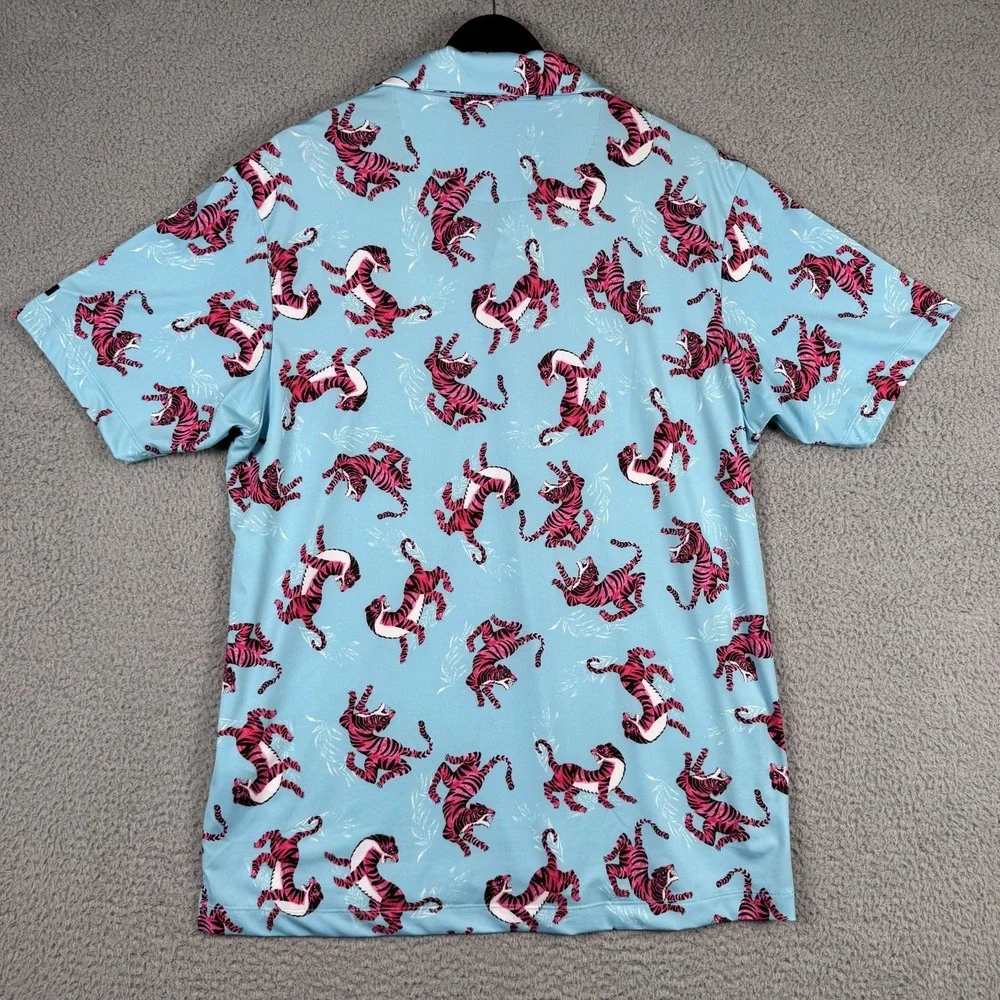 Bad Birdie Polo Mens Large Blue‎ Tiger Watch Print Performance Stretch Golf LOGO